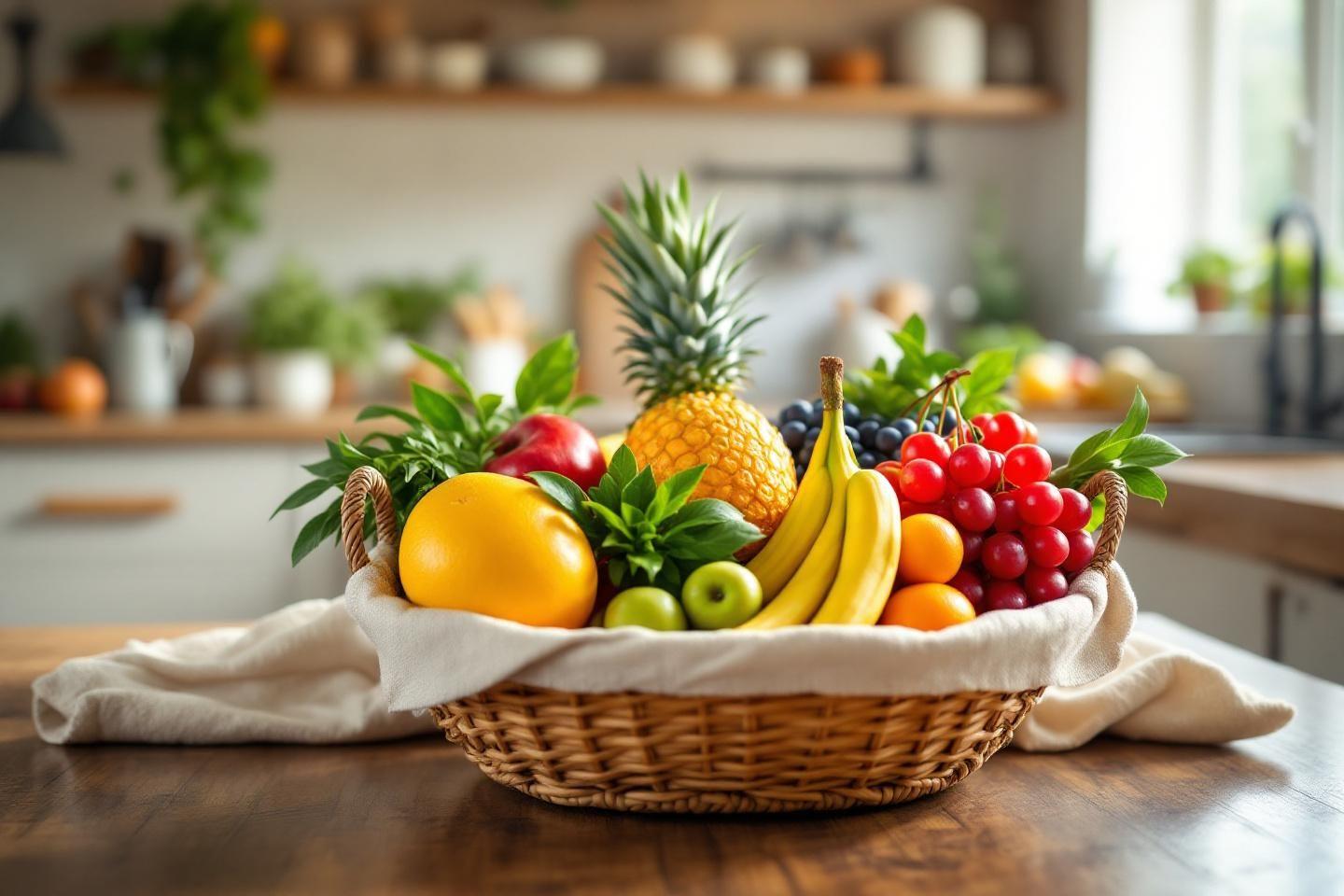 Panier en osier rempli de bananes, ananas et fruits color&eacute;s