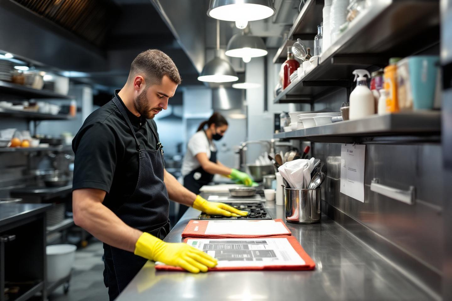 Cuisinier avec gants jaunes nettoyant surface dans cuisine industrielle