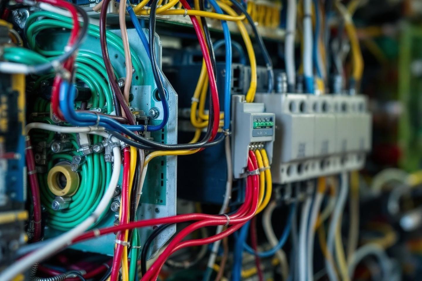 Gros plan sur un r&eacute;seau de fils &eacute;lectriques multicolores connect&eacute;s