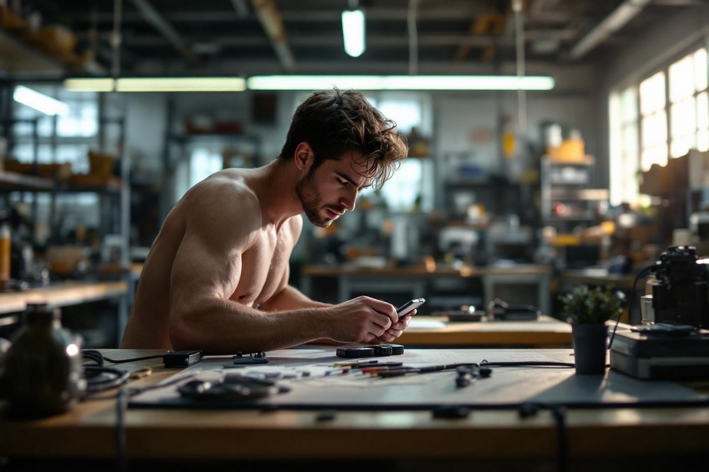 Homme muscl&eacute; travaillant sur t&eacute;l&eacute;phone dans un atelier industriel