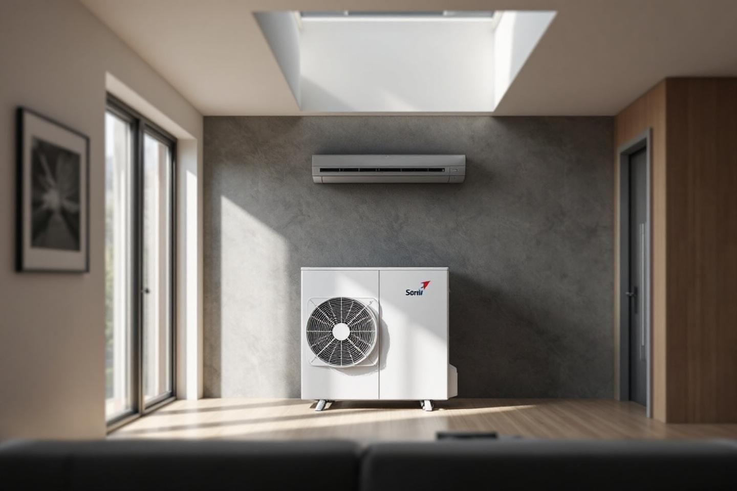 Climatiseur Sonli int&eacute;rieur et ext&eacute;rieur dans un salon minimaliste