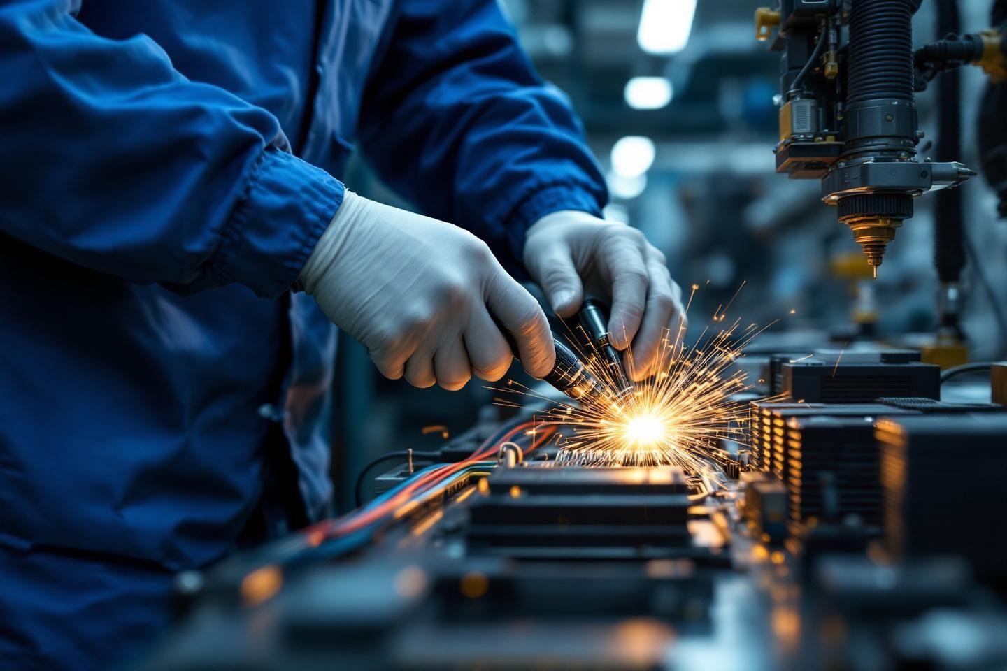 Main gant&eacute;e soudant un circuit &eacute;lectronique avec des &eacute;tincelles