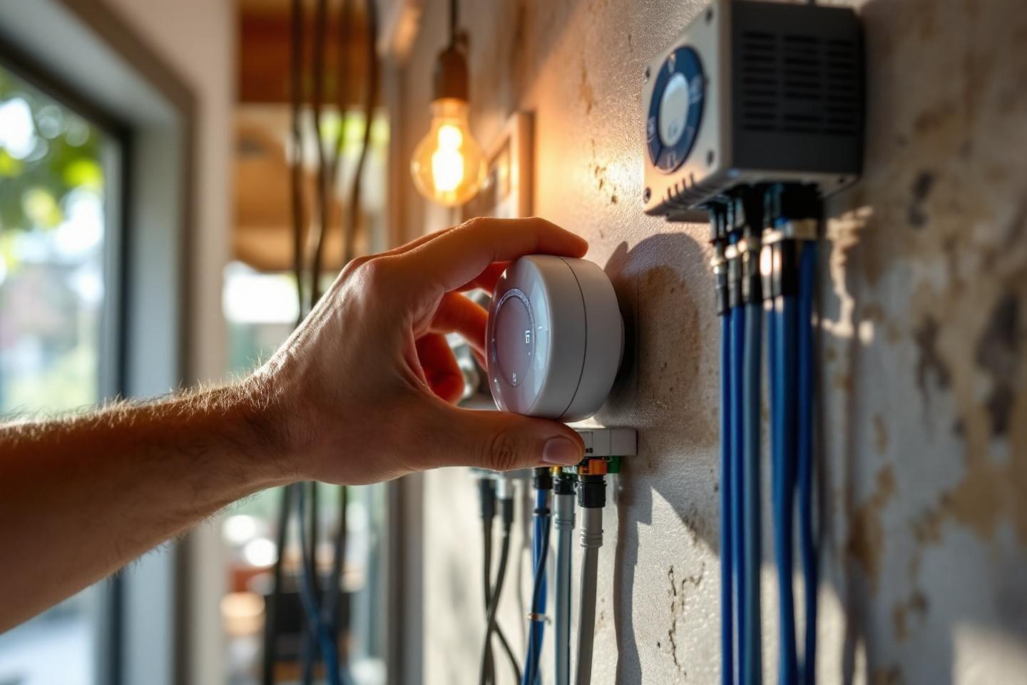 Main ajustant un thermostat blanc près de câbles électriques