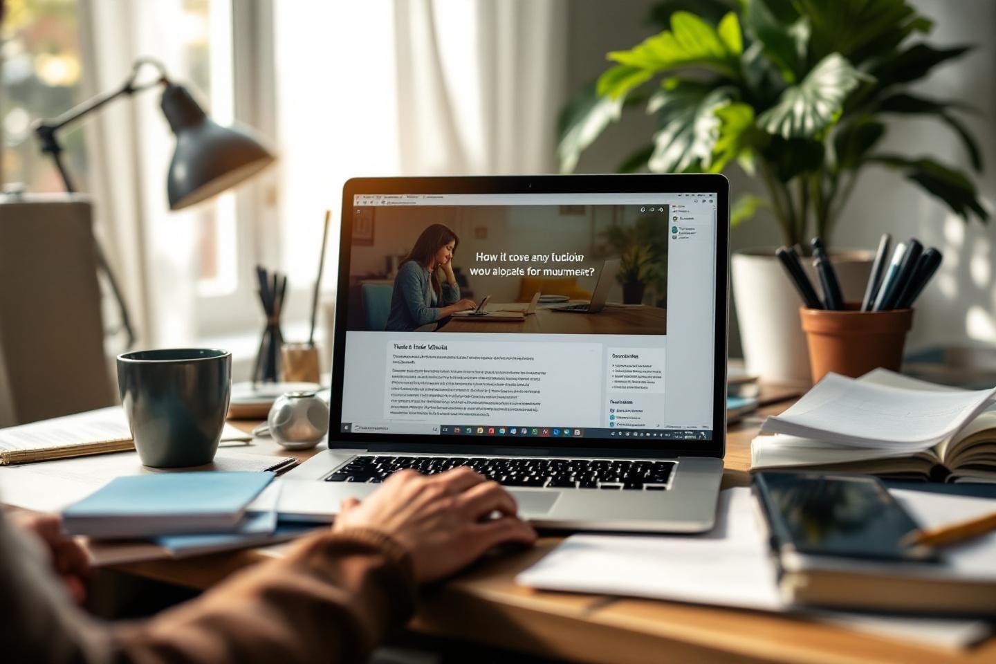 Ordinateur portable, tasse, plante et documents sur bureau lumineux