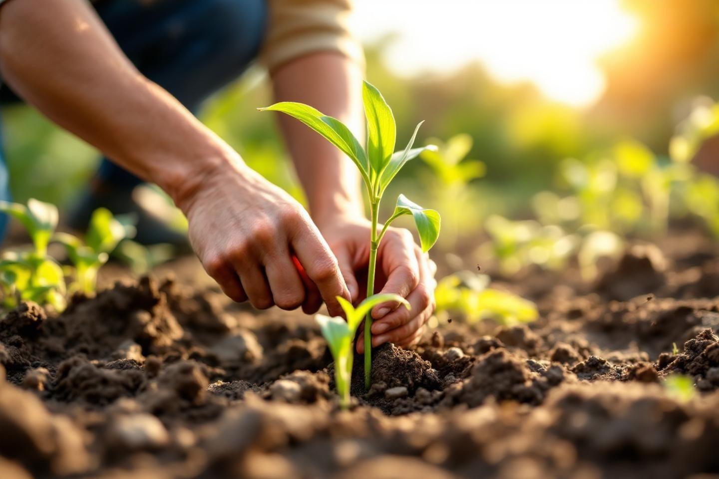 Main prenant soin d'une jeune pousse dans un champ