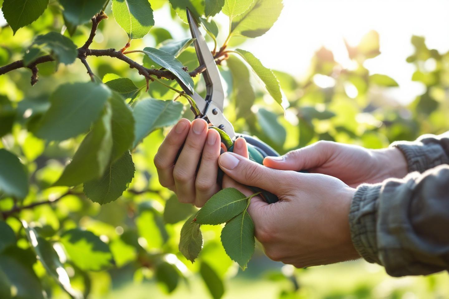 Main &eacute;laguant un arbre avec un s&eacute;cateur dans un jardin