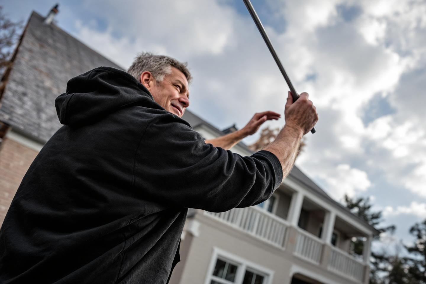 Un homme &acirc;g&eacute; ajuste un paratonnerre sur un toit