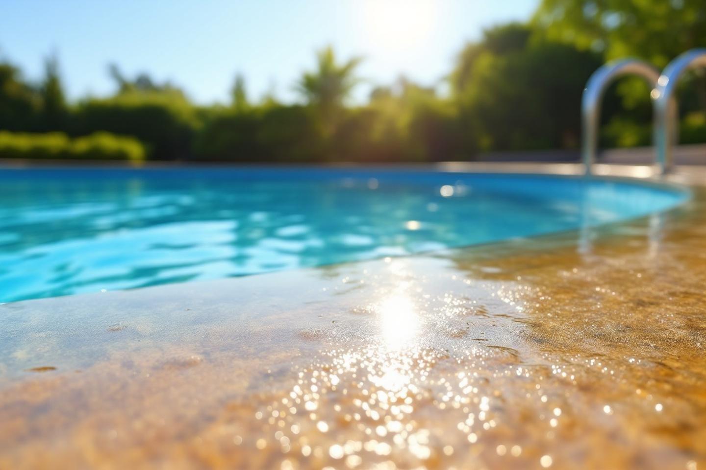 Gros plan d'un bord de piscine bleu avec des reflets lumineux