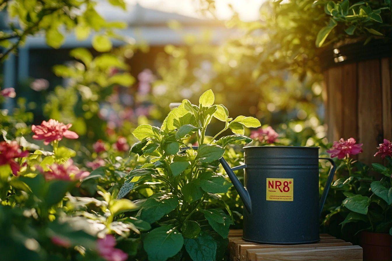 Arrosoir NR8 parmi des plantes vertes et fleurs roses