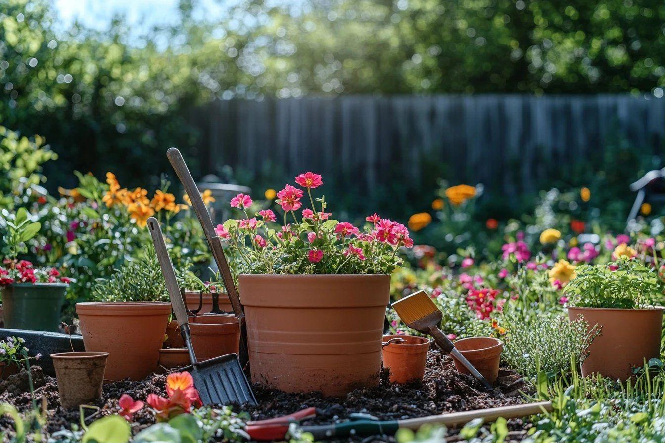 Outils de jardinage et pots avec fleurs colorées