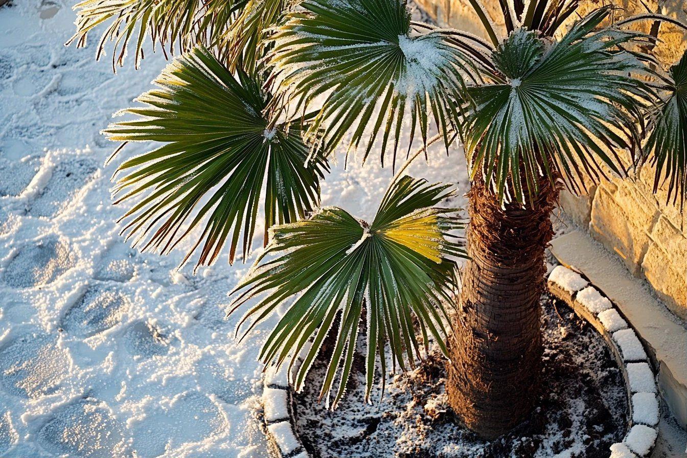 Palmier aux feuilles vertes couvert de givre dans un environnement enneigé