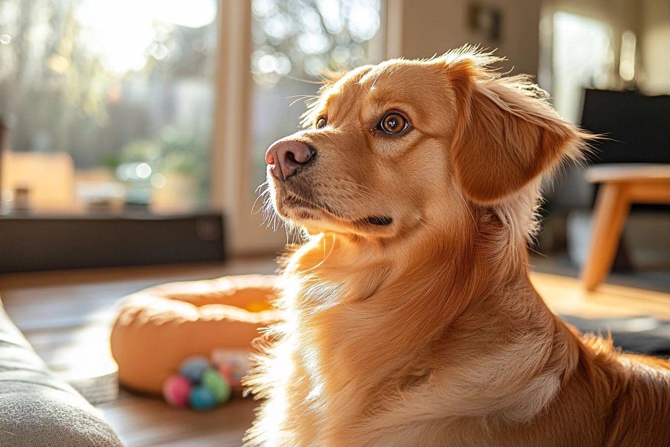Golden retriever assis pr&egrave;s de jouets dans la lumi&egrave;re du soleil