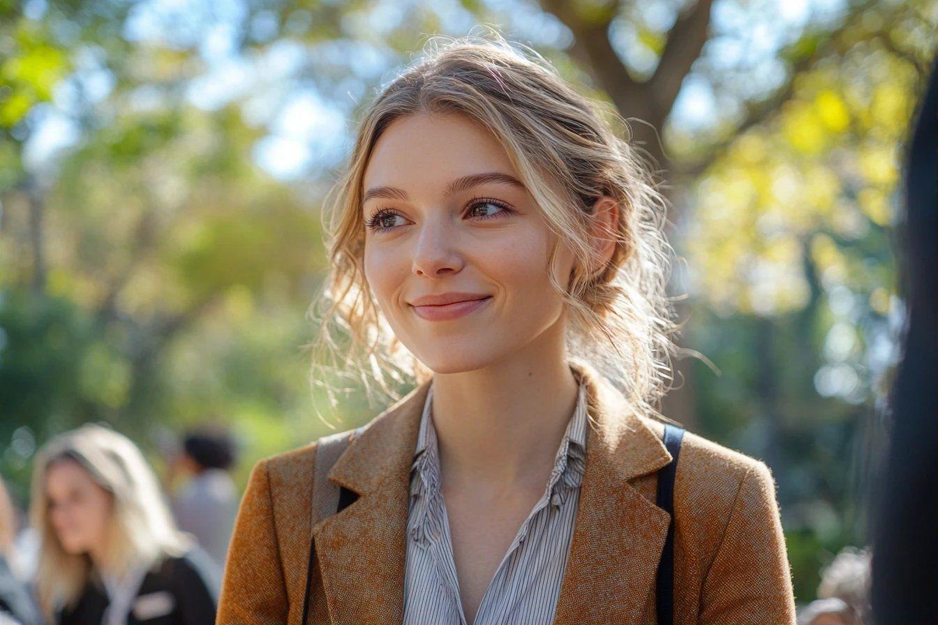 Femme &eacute;l&eacute;gante en veste marron, lumi&egrave;re douce automnale