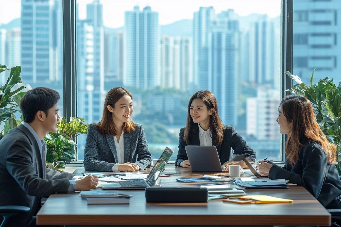 Quatre coll&egrave;gues en costume discutant autour d'une table de bureau