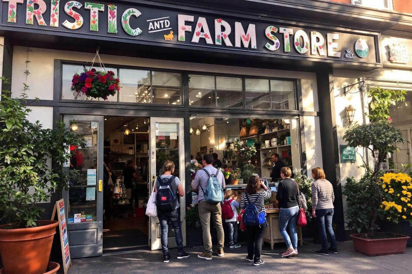 Clients faisant la queue devant un magasin de ferme color&eacute;