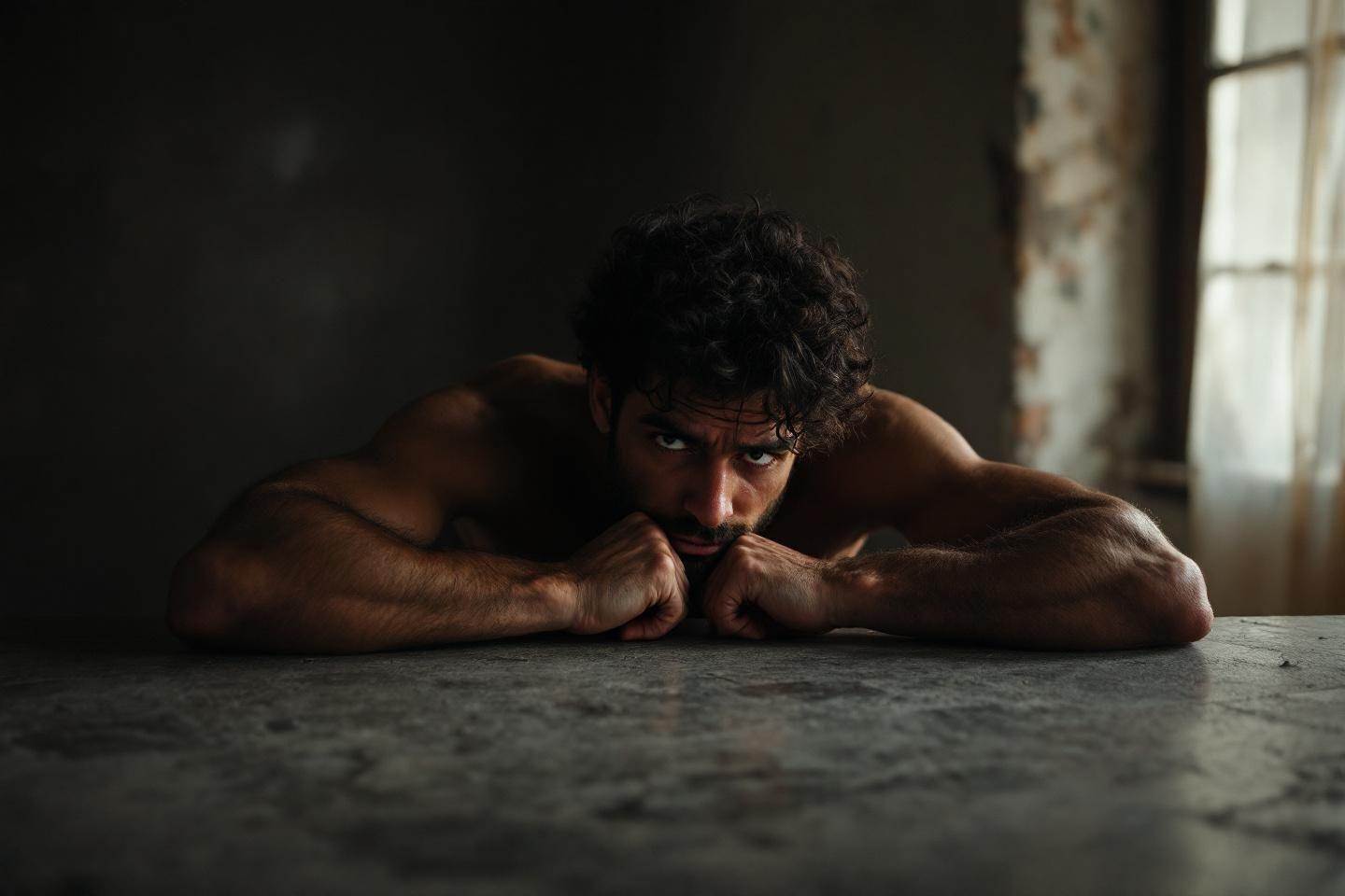 Homme &eacute;puis&eacute;, accoud&eacute; &agrave; une surface sombre, regard intense