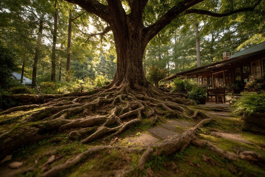 Vieil arbre aux racines imposantes près d'une maison en bois