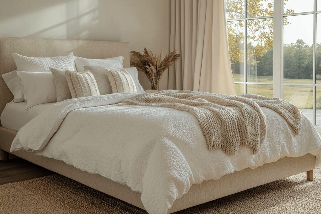 Lit douillet avec couverture beige près d'une fenêtre lumineuse
