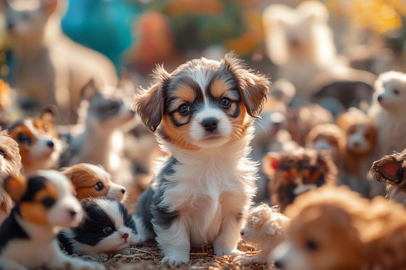 Groupe de chiots mignons avec un chiot au centre