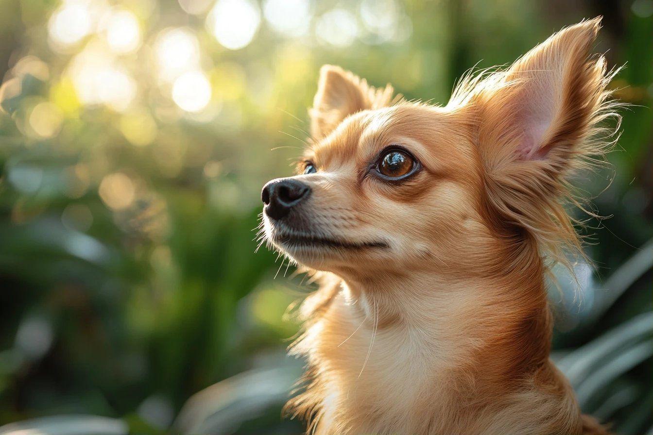 Chihuahua roux aux longs poils, regardant au loin