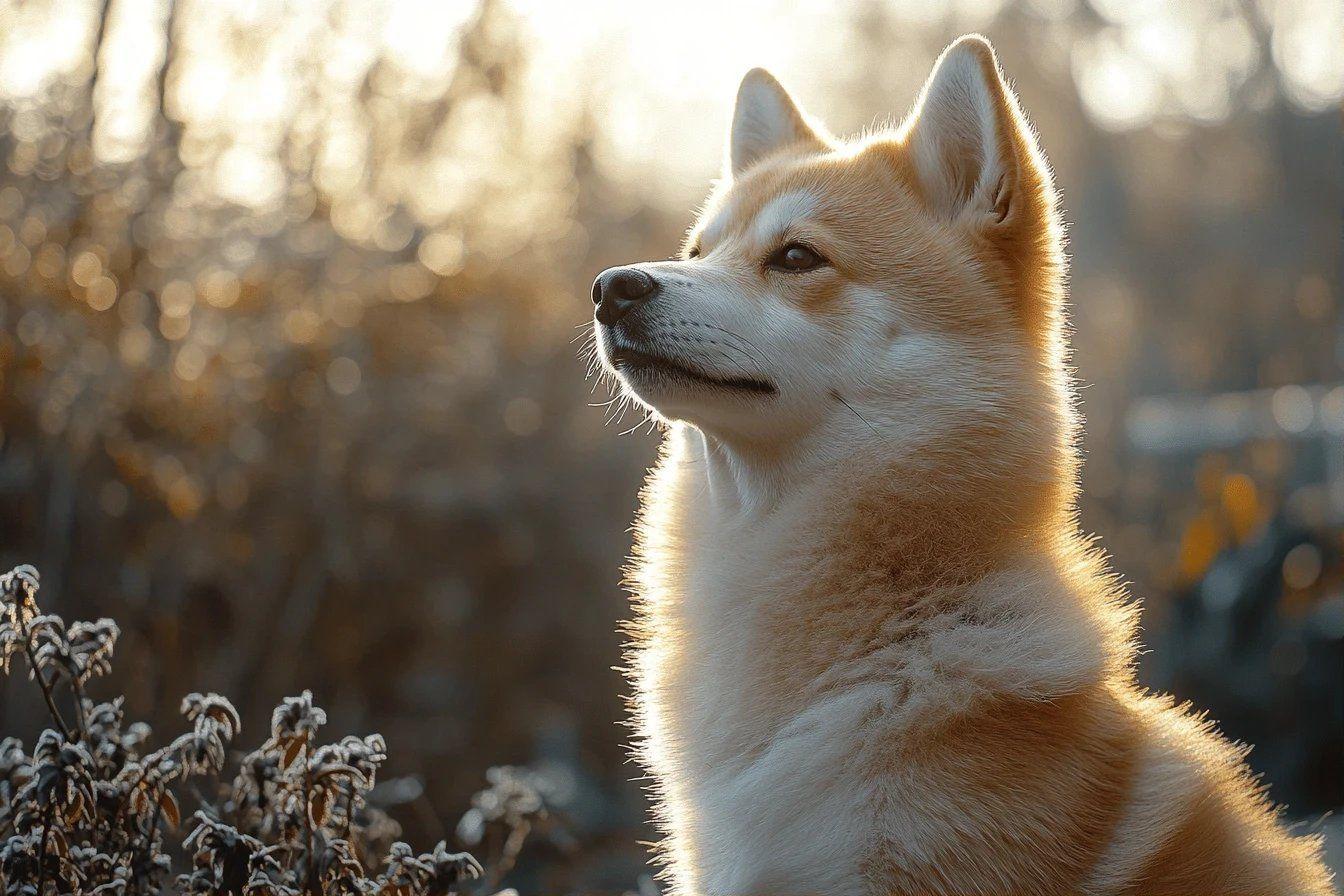 Husky blanc illuminé par la lumière dorée d'hiver