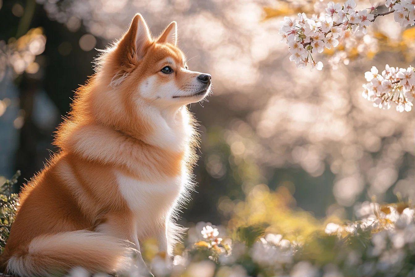 Chien roux assis près de fleurs de cerisier en fleurs