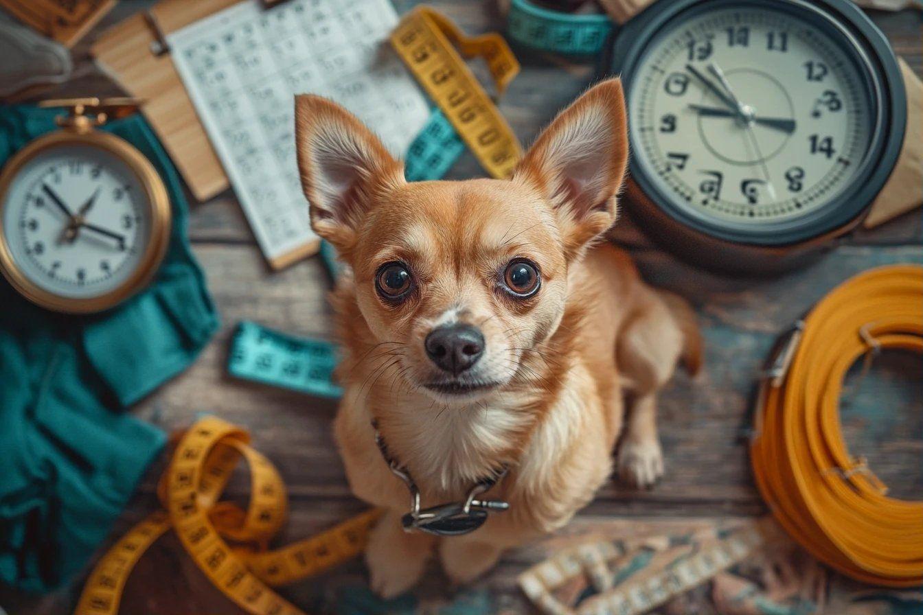 Petit chien à poils courts assis près de plusieurs horloges et mètres
