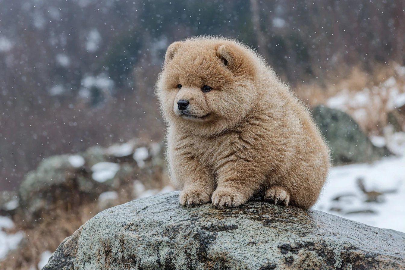 Chiot brun moelleux assis sur un rocher pendant la chute de neige