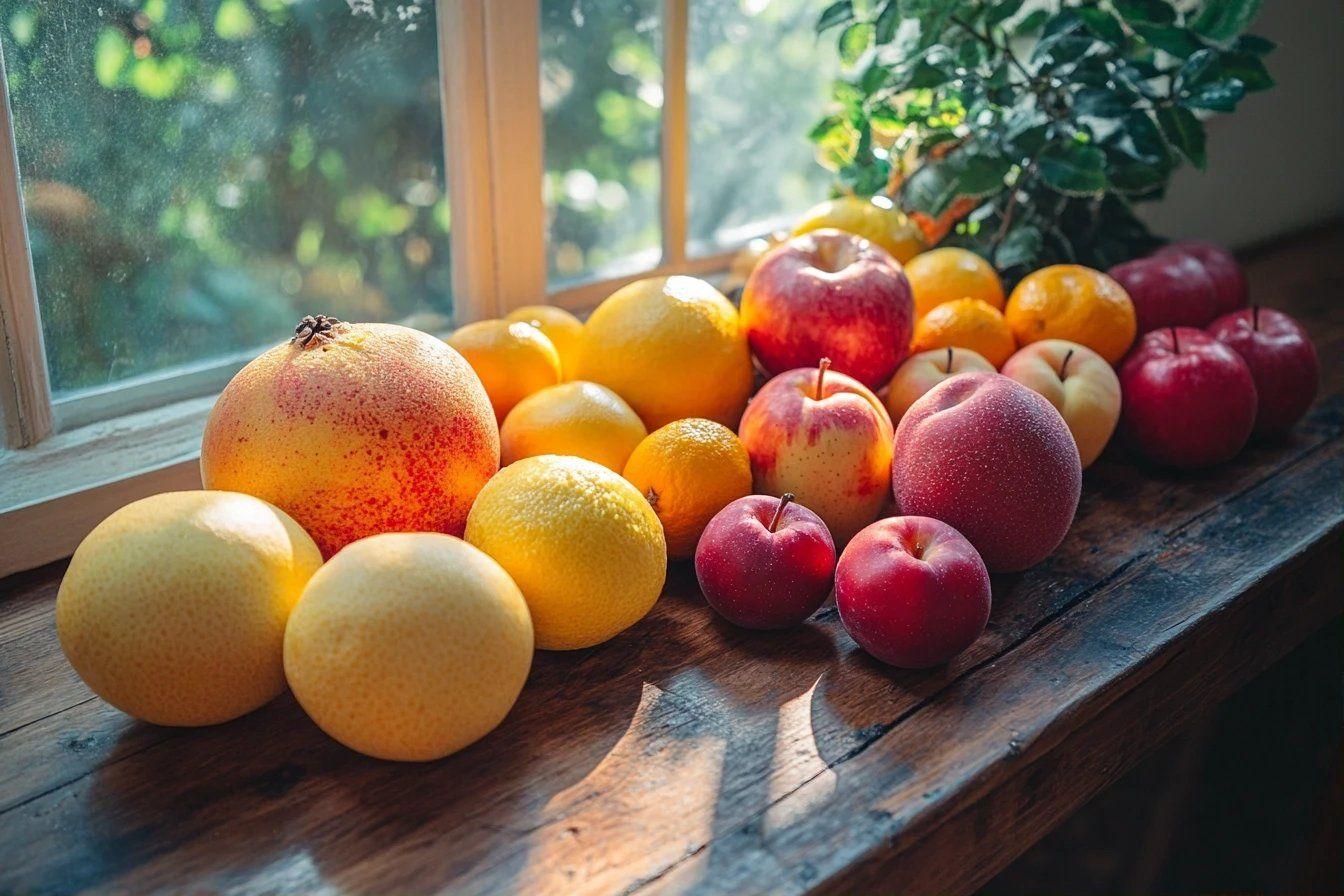 Variété de fruits mûrs disposés près d'une fenêtre lumineuse
