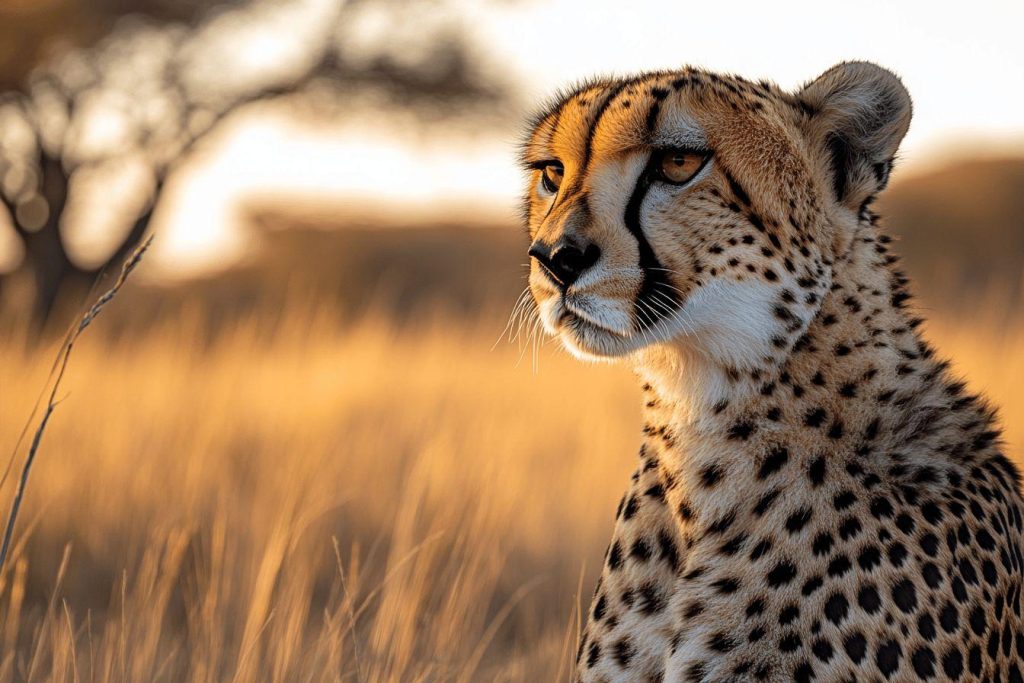 Gros plan sur un guépard aux aguets dans l'herbe dorée