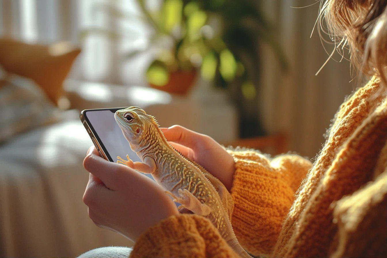 Pogona dans une main, écran de téléphone, pull orange