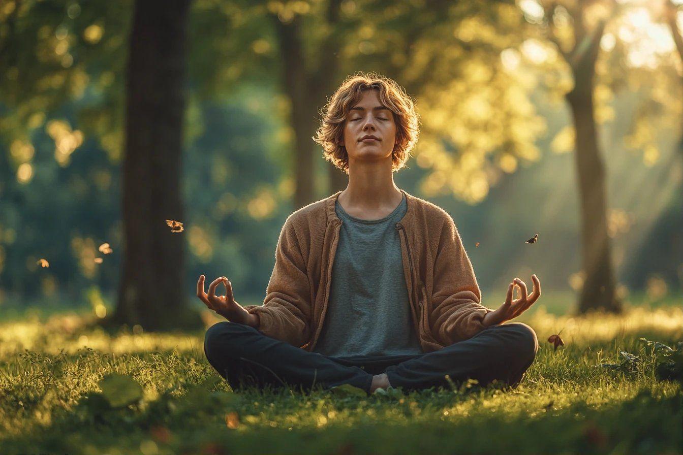 Personne méditant les yeux fermés dans un jardin ensoleillé