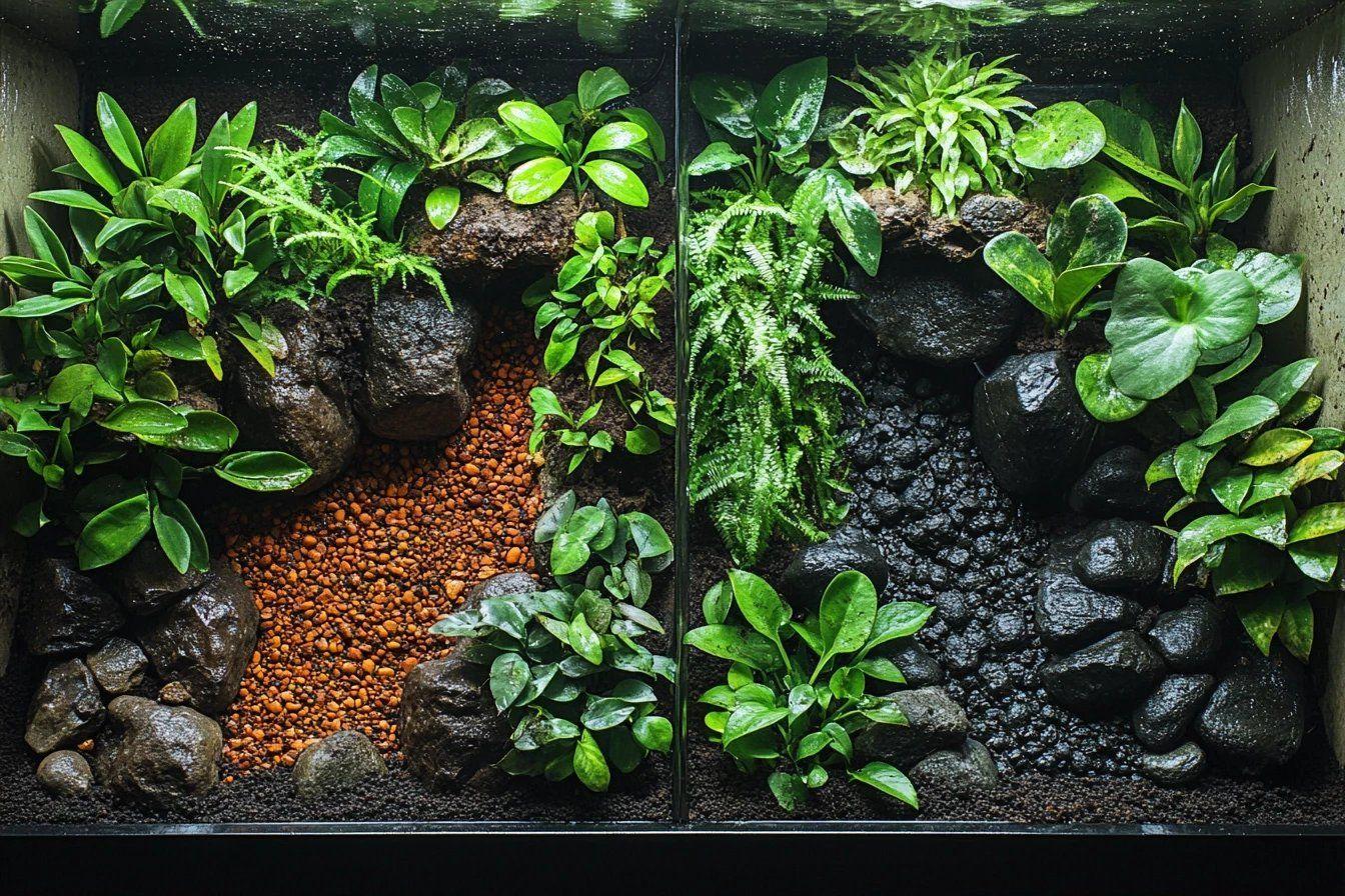 Plantes vertes et roches sombres dans un terrarium divisé