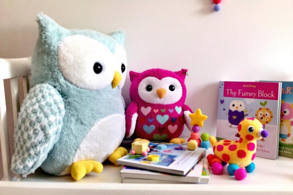 Deux peluches de hiboux colorés avec un livre et un jouet mignon