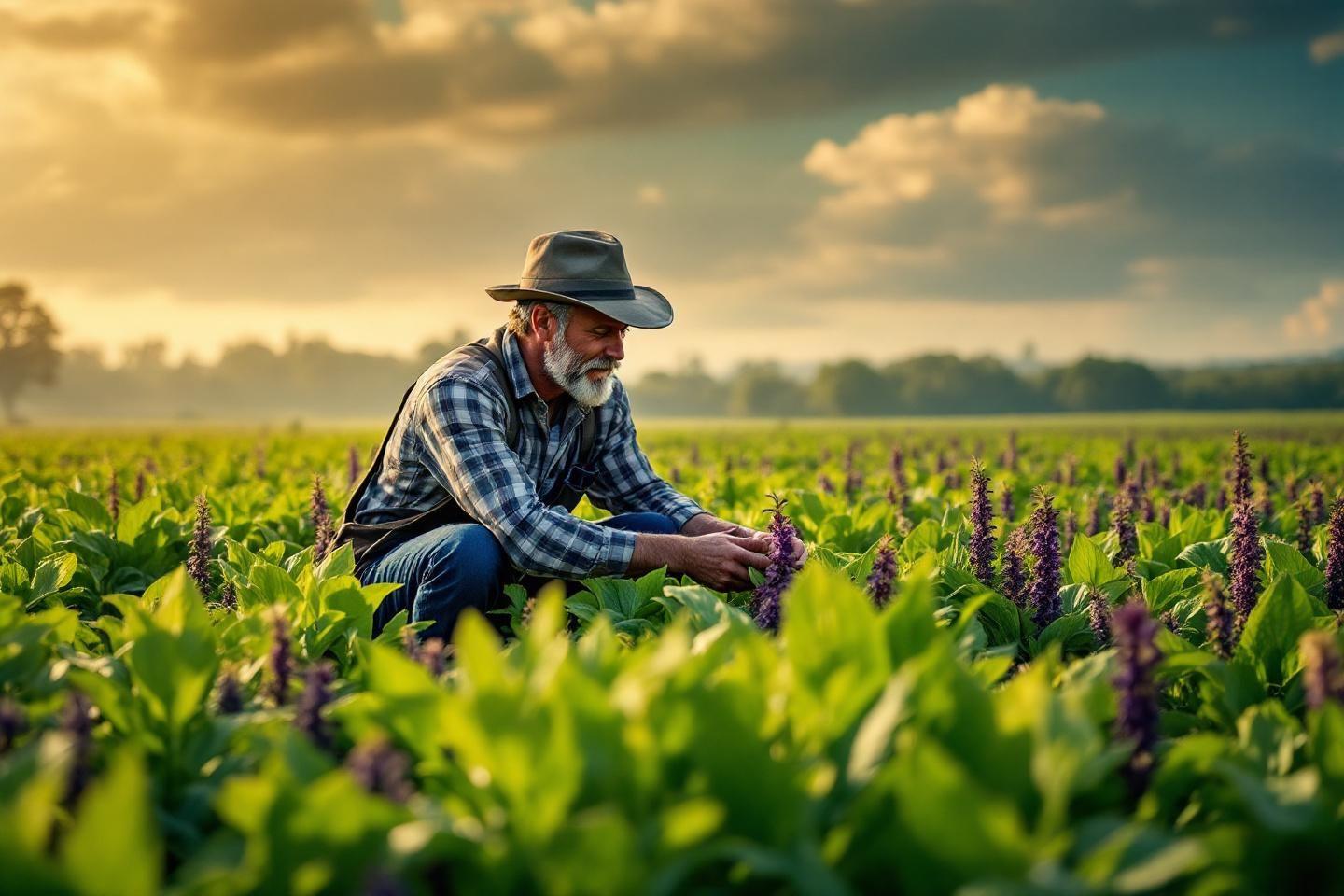 Vieil agriculteur examinant des plantes dans un champ verdoyant