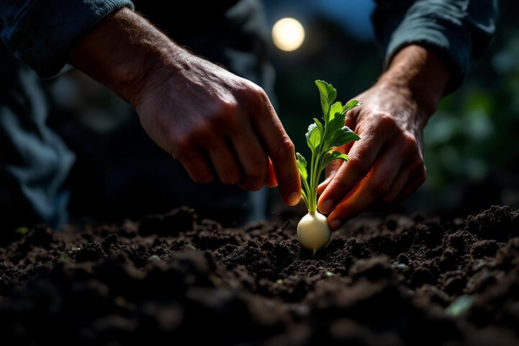 Mains plantant un jeune plant d'oignon dans la terre