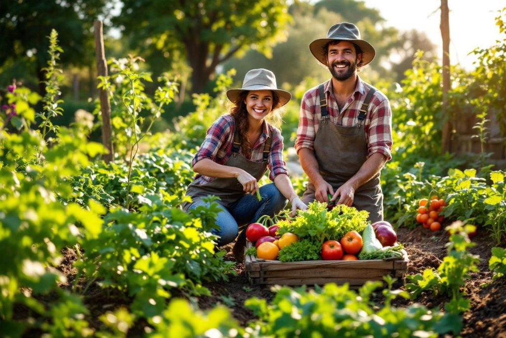 Deux agriculteurs souriants dans un jardin potager verdoyant