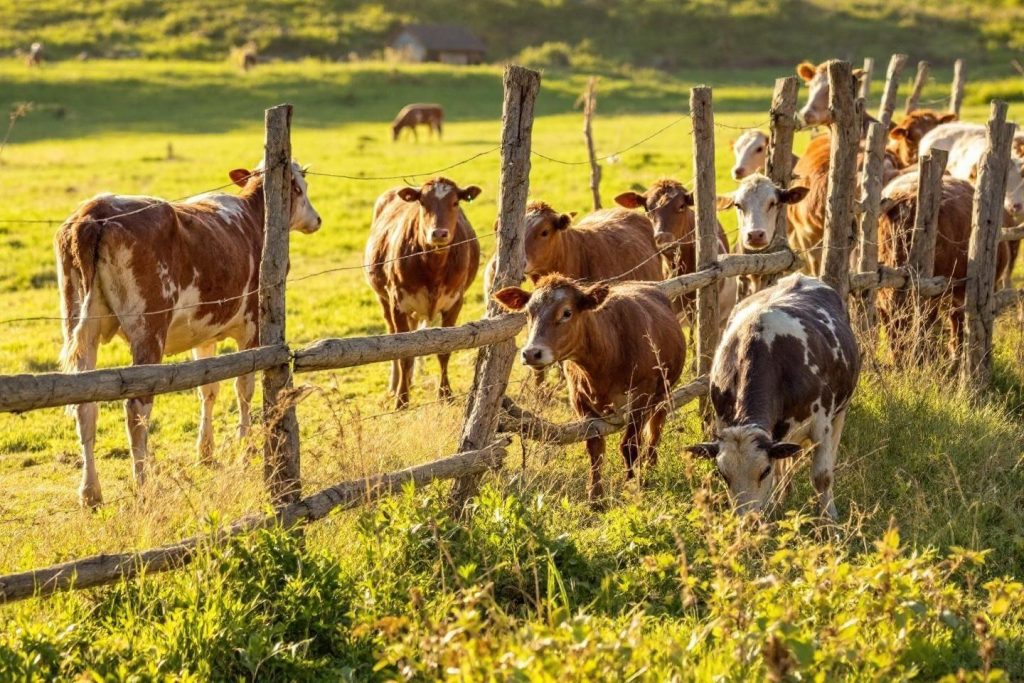 Vaches brunes et blanches derrière une clôture en bois