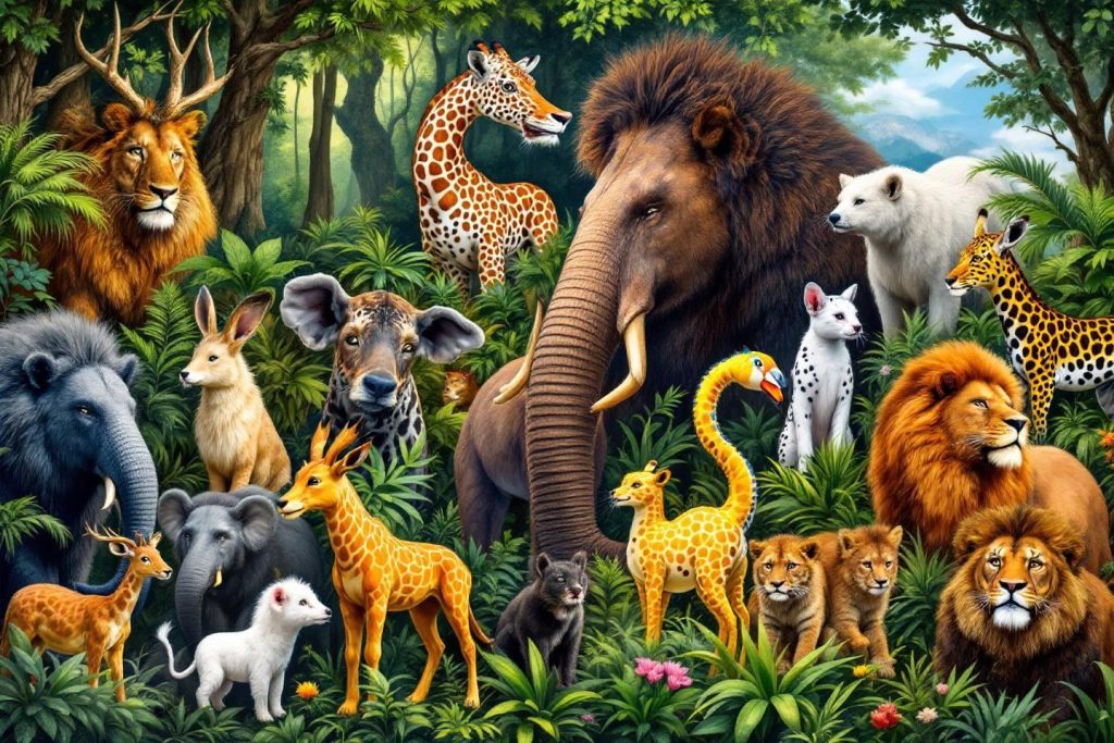 Rassemblement coloré de lions, éléphants, girafes dans un environnement verdoyant