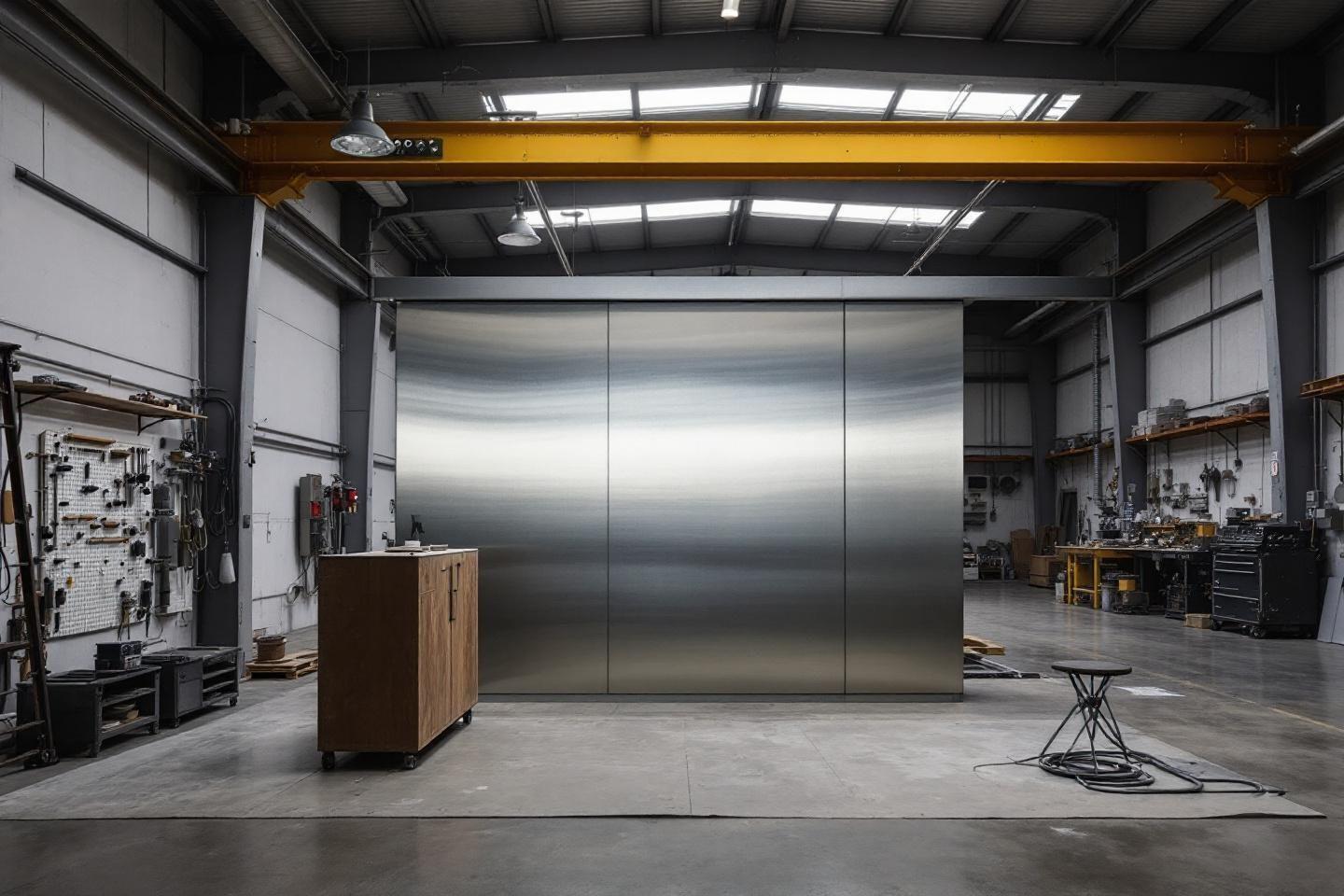 Intérieur d'usine avec grue, porte en acier et établis