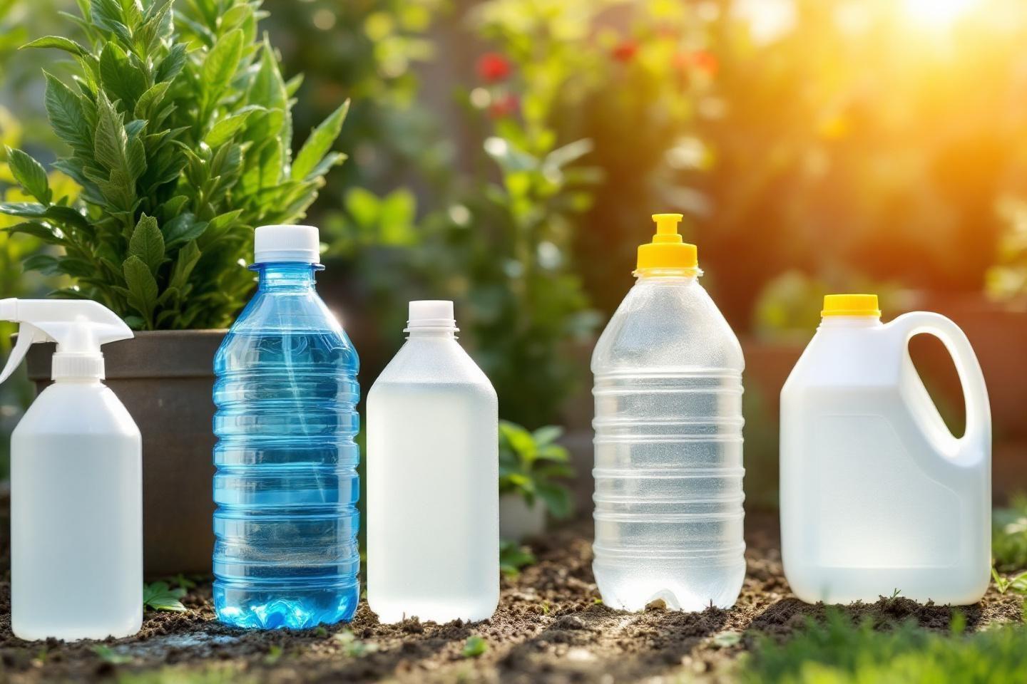 Différentes bouteilles blanches et bleues disposées dans un jardin