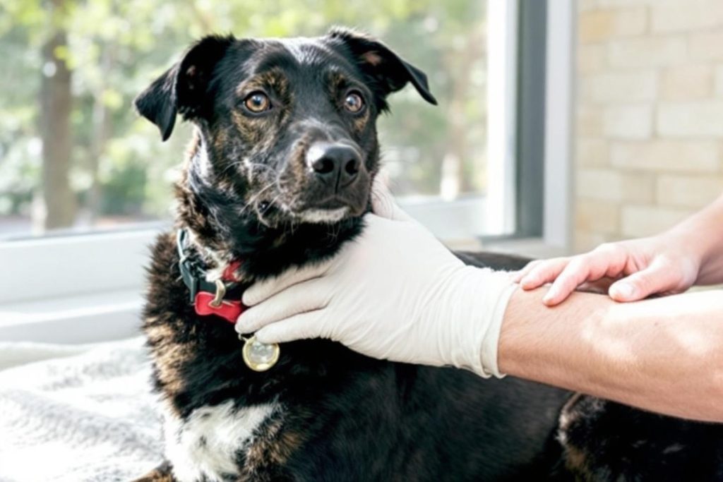 Chien noir avec bandage blanc près de la fenêtre
