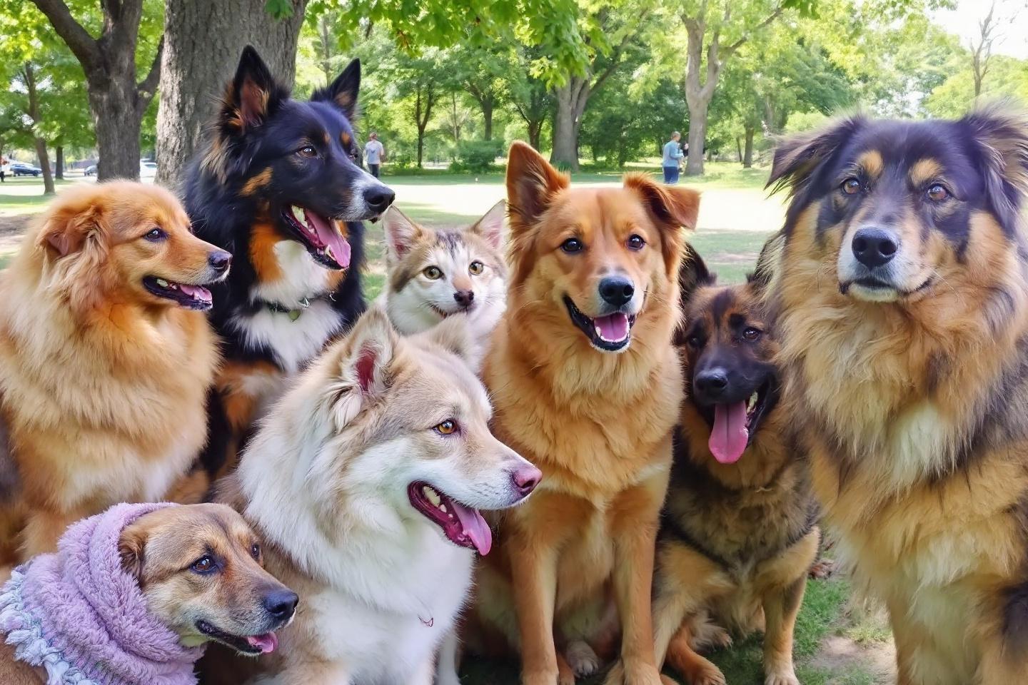 Chiens et chat dans le parc