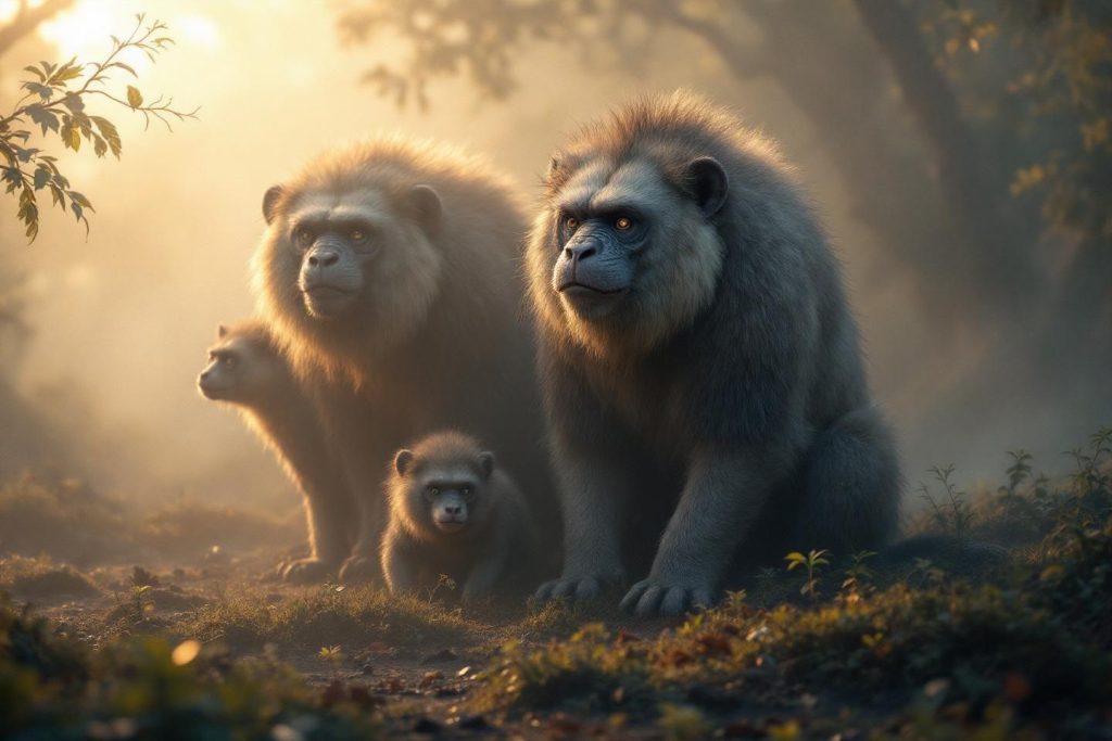 Quatre singes regardant dans la même direction, lumière dorée