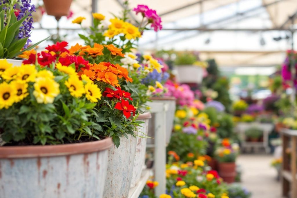 Pots de fleurs multicolores disposés dans une serre lumineuse