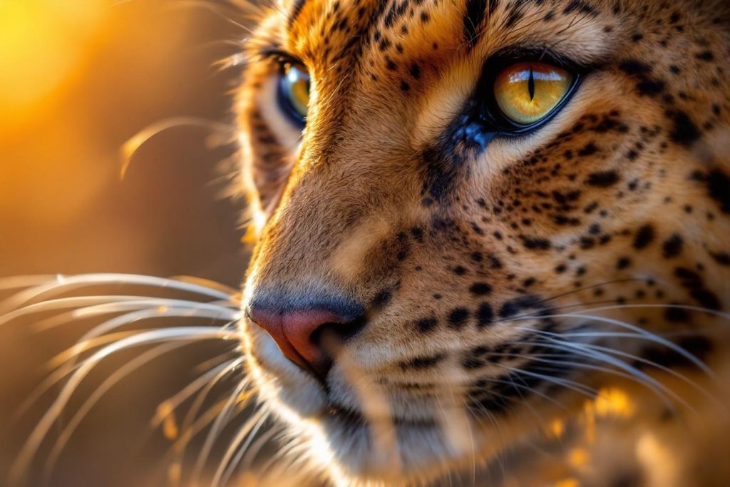 Gros plan sur les yeux d'un léopard dans une lumière dorée