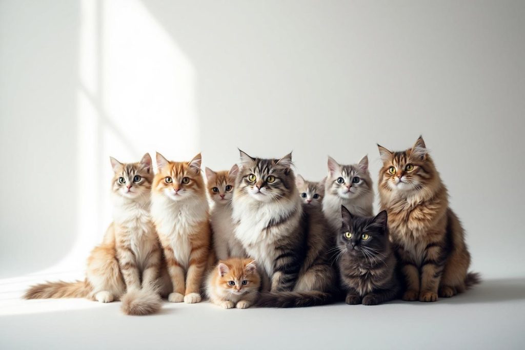 Groupe de chats assis côte à côte sur fond blanc