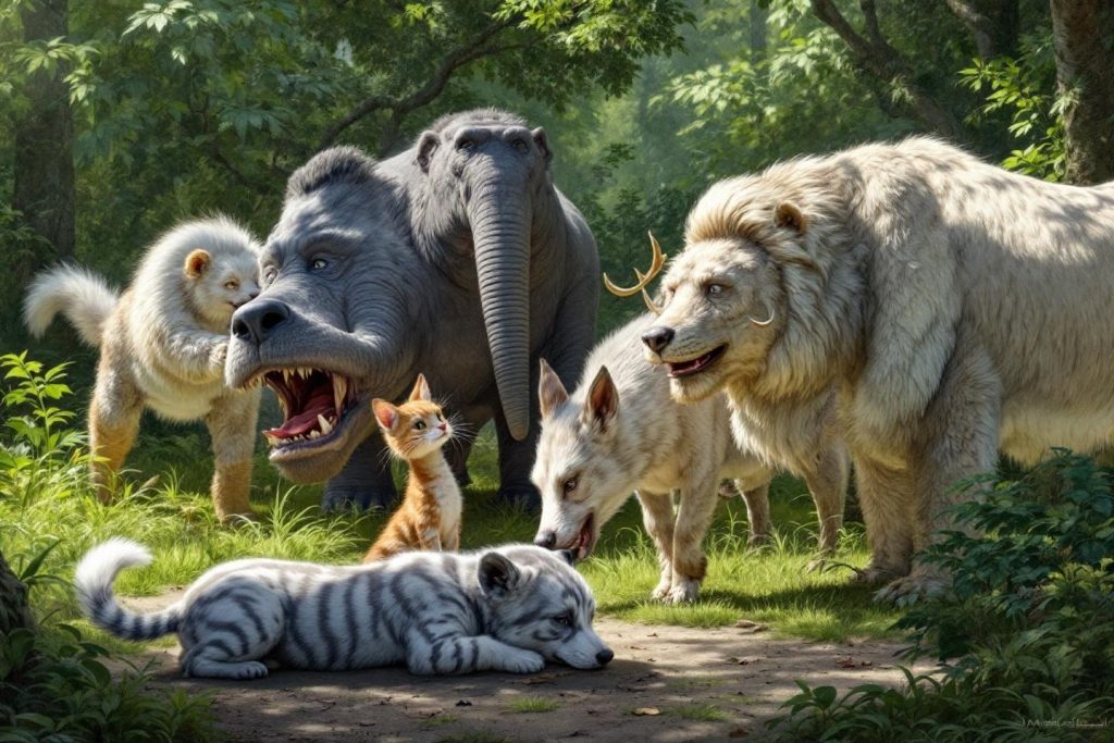 Groupe d'animaux fantastiques réunis dans un décor forestier verdoyant